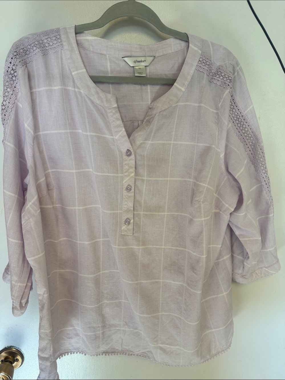 CJ Banks Light Lavender Plaid Henley Tunic